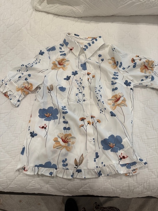SHEIN Dresses & Skirts - SHEIN White Floral Print shirt with Blue and Brown Accents